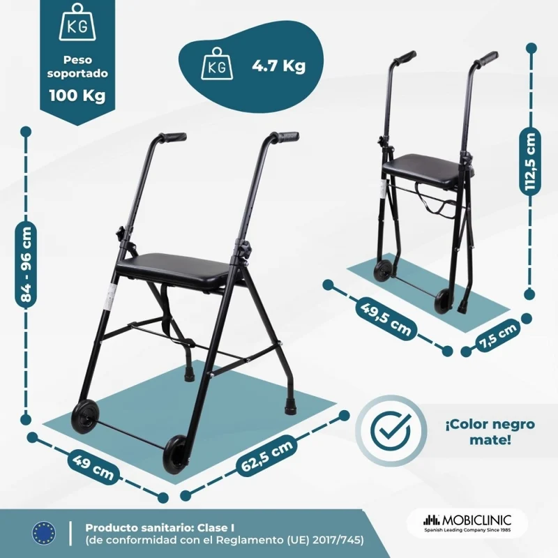 Rollator für Senioren | Faltbar | Sitz | 2 Räder | Mattschwarz | Emérita | Mobiclinic