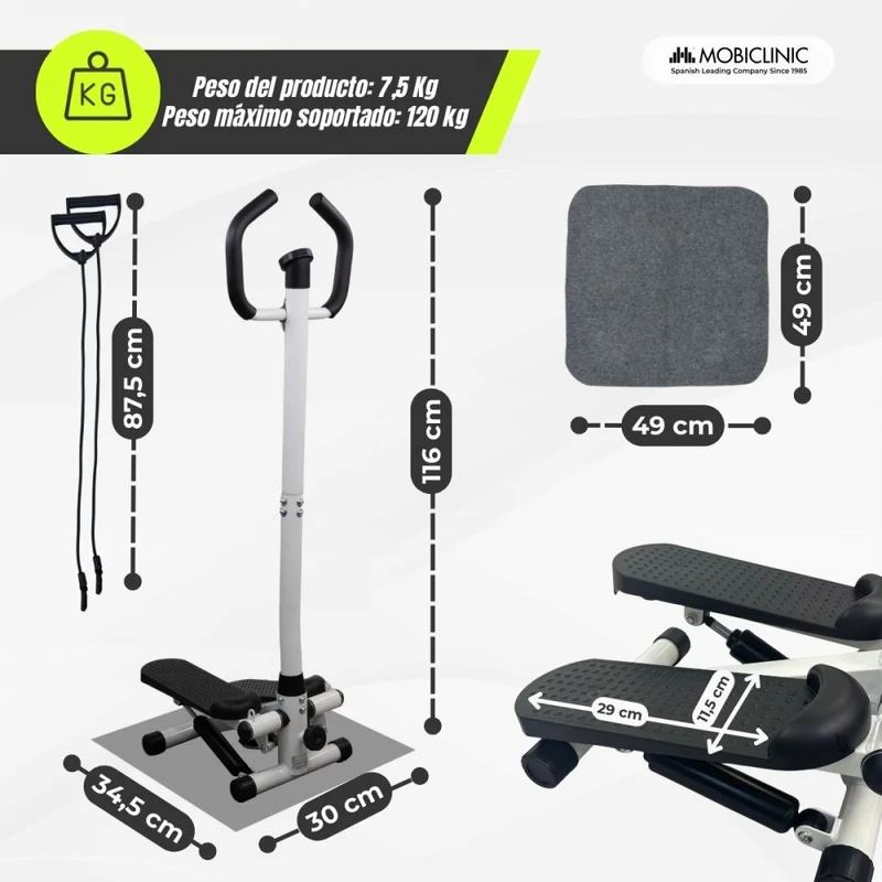Stepper mit Armen | Einstellbare Intensität | Widerstandsbänder | LCD-Bildschirm | Kompakt | Step-Pro | Mobiclinic