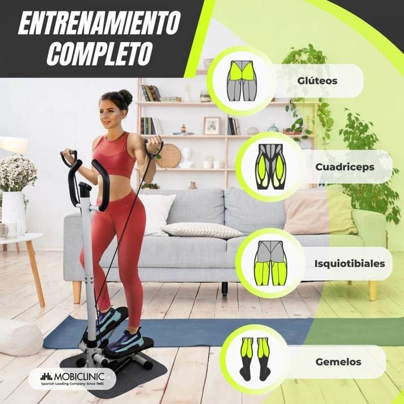 Stepper mit Armen | Einstellbare Intensität | Widerstandsbänder | LCD-Bildschirm | Kompakt | Step-Pro | Mobiclinic