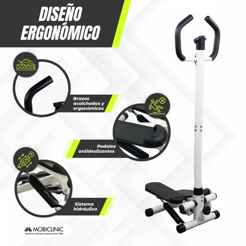 Stepper mit Armen | Einstellbare Intensität | Widerstandsbänder | LCD-Bildschirm | Kompakt | Step-Pro | Mobiclinic