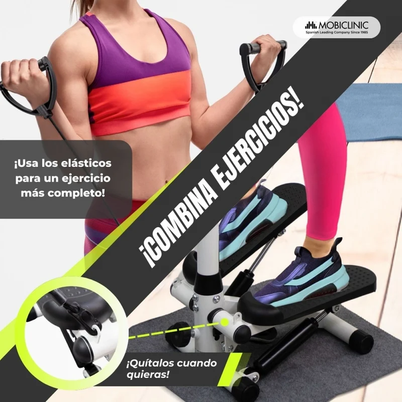 Stepper mit Armen | Einstellbare Intensität | Widerstandsbänder | LCD-Bildschirm | Kompakt | Step-Pro | Mobiclinic