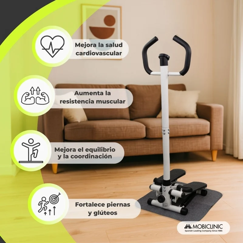 Stepper mit Armen | Einstellbare Intensität | Widerstandsbänder | LCD-Bildschirm | Kompakt | Step-Pro | Mobiclinic