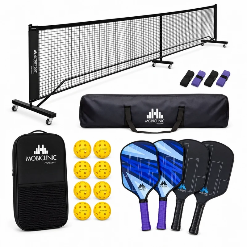 Pickleball-Set | 4 Schläger | 4 Bälle | Netz mit Rädern | Tragetasche | Rutschfester Griff | Mobiall | Mobiclinic