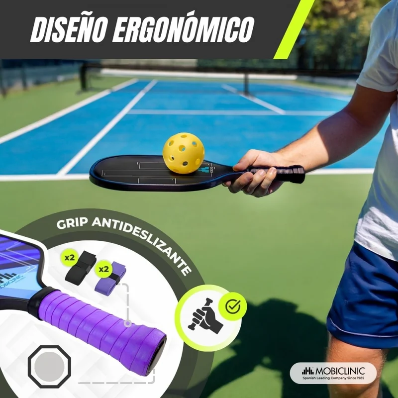 Pickleball-Set | 4 Schläger | 4 Bälle | Netz mit Rädern | Tragetasche | Rutschfester Griff | Mobiall | Mobiclinic