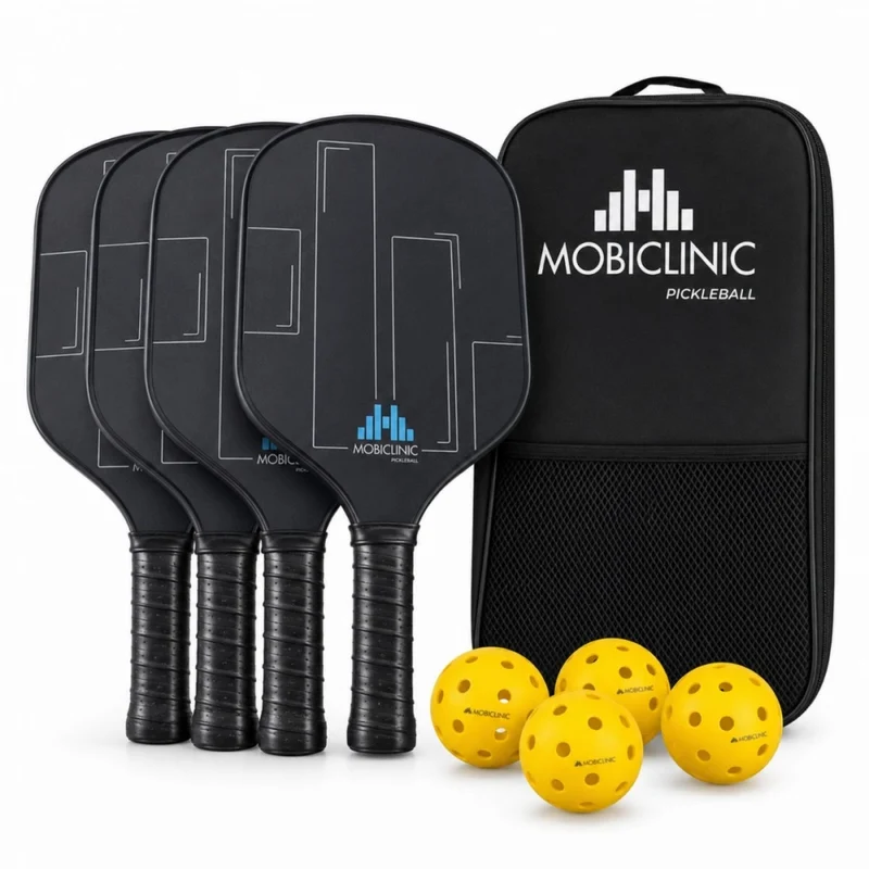 Pickleball-Set | 4 Fiberglasschläger | 4 Bälle | Tragetasche | Rutschfester Griff | Mobiall | Mobiclinic