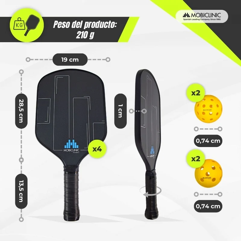 Pickleball-Set | 4 Fiberglasschläger | 4 Bälle | Tragetasche | Rutschfester Griff | Mobiall | Mobiclinic