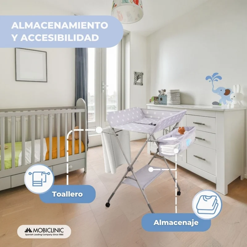 Wickeltisch | Höhenverstellbar | Räder mit Bremse | Sicherheitsgurt | Aufbewahrung | Zusammenklappbar | Zoey | Mobiclinic