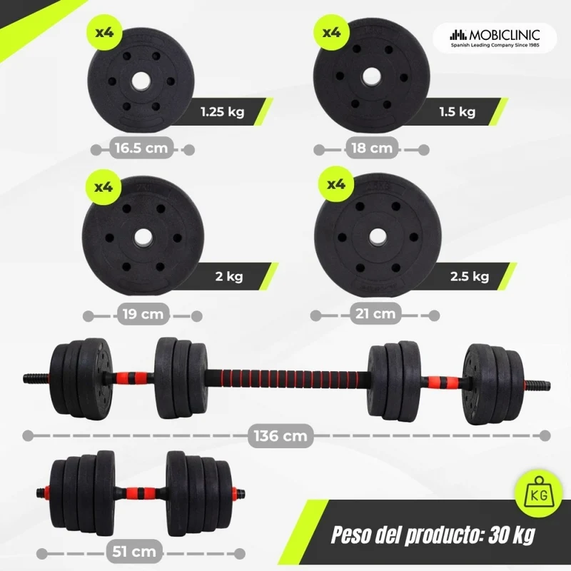 Paar 30 kg Hanteln | Verstellbar | 2 in 1 | Verbindungsstange | Tragbar | Abnehmbar | Mobimax | Mobiclinic