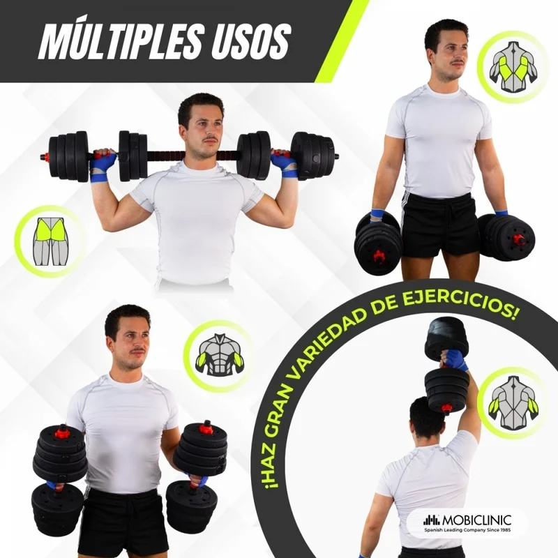 Paar 30 kg Hanteln | Verstellbar | 2 in 1 | Verbindungsstange | Tragbar | Abnehmbar | Mobimax | Mobiclinic