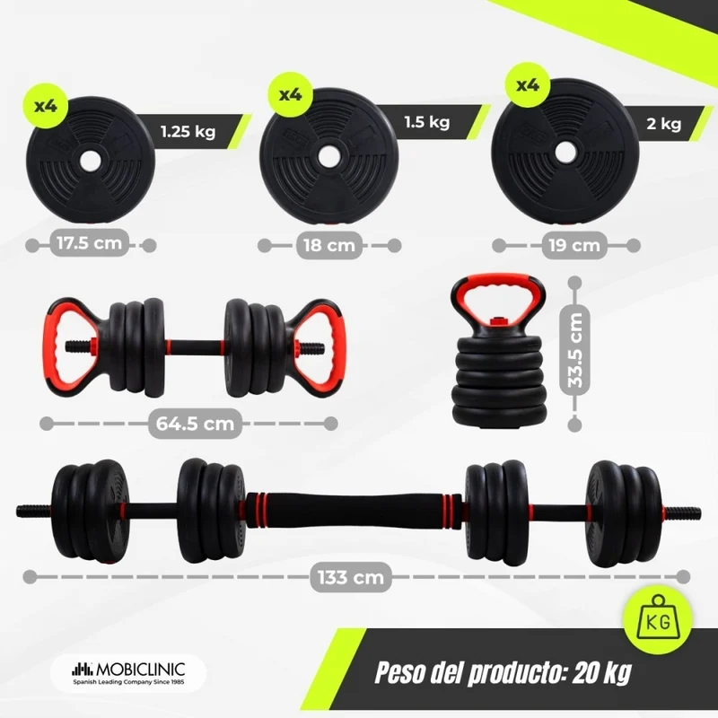 Paar 20 kg Hanteln | Verstellbar | 4 in 1 | Kettlebell-Aufsatz | Verbindungsstange | Tragbar | Mobimax | Mobiclinic
