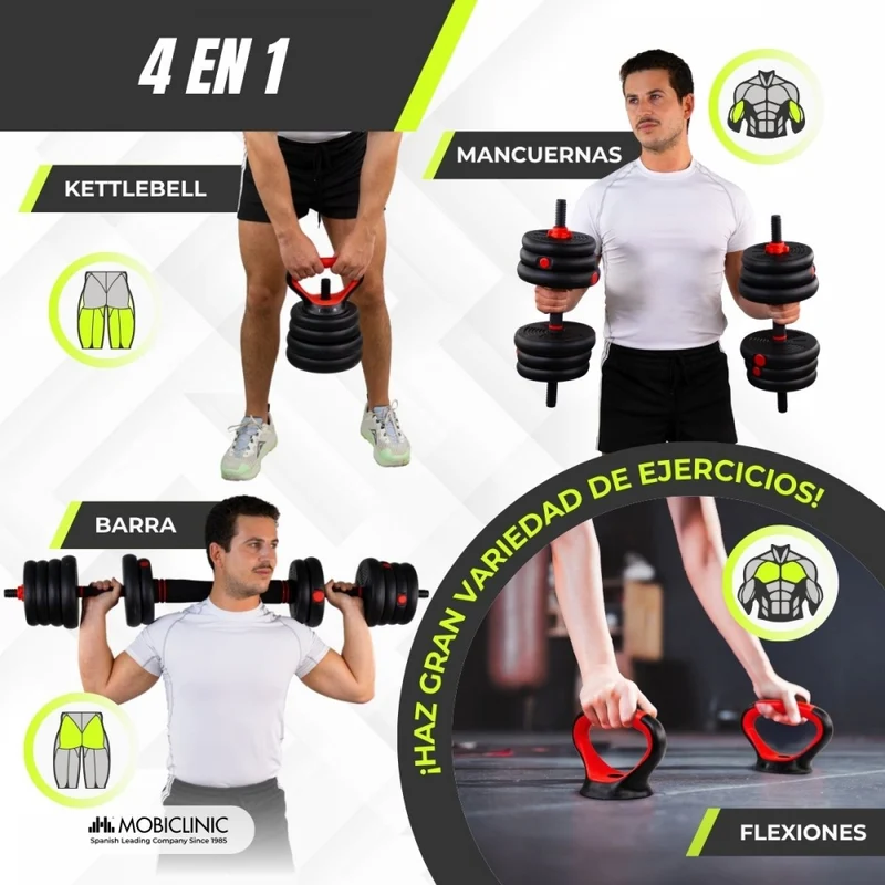 Paar 20 kg Hanteln | Verstellbar | 4 in 1 | Kettlebell-Aufsatz | Verbindungsstange | Tragbar | Mobimax | Mobiclinic