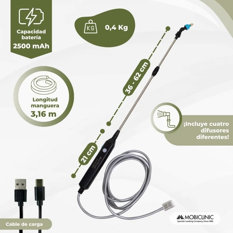 Elektrisches Sprühgerät | 4 Düsen | 60-85 cm | 3M Schlauch | 2500 mAh | 2-3 Stunden Nutzung | Profumig | Mobiclinic