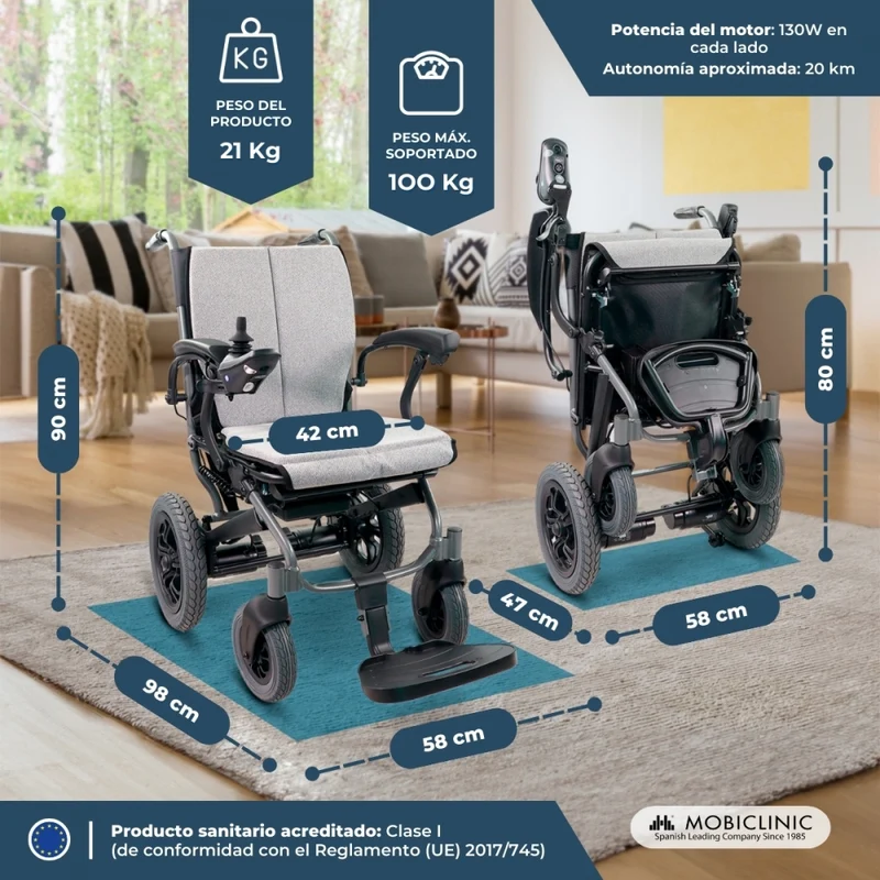 Elektrorollstuhl | Faltbar | Aluminium | Dualmodus | 20 km Reichweite | Bis zu 100 kg | Verona | Mobiclinic