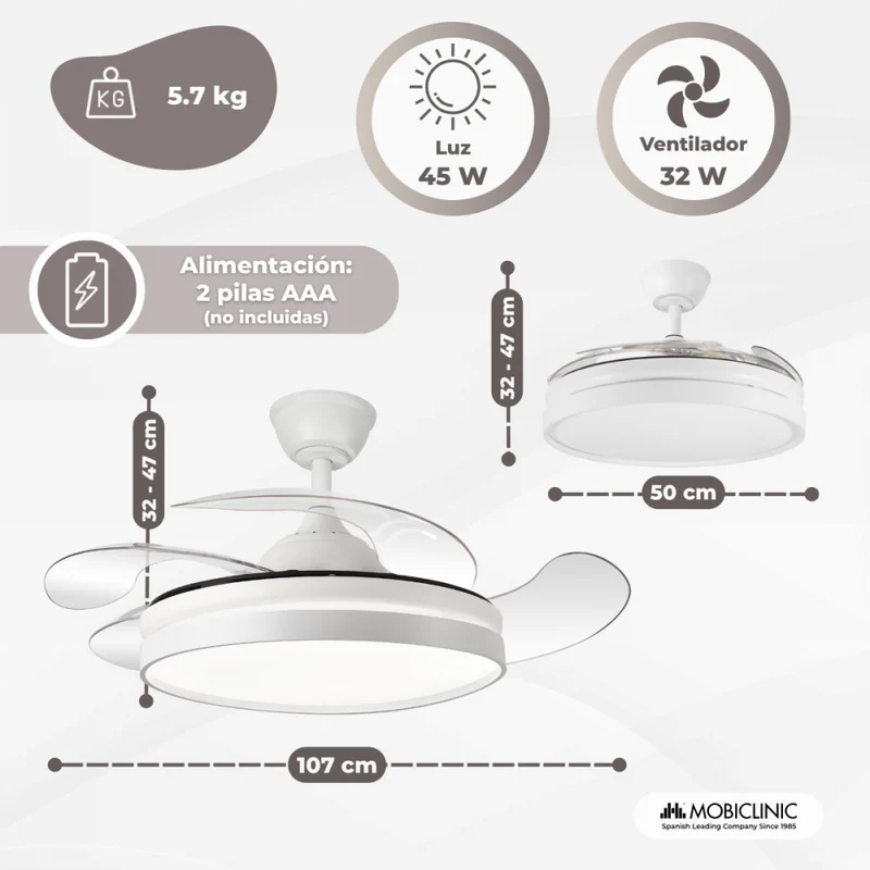 Deckenventilator | 4 Flügel | 6 Geschwindigkeiten | 3 Beleuchtungsmodi | LED-Licht | Fernbedienung | Oasis | Mobiclinic