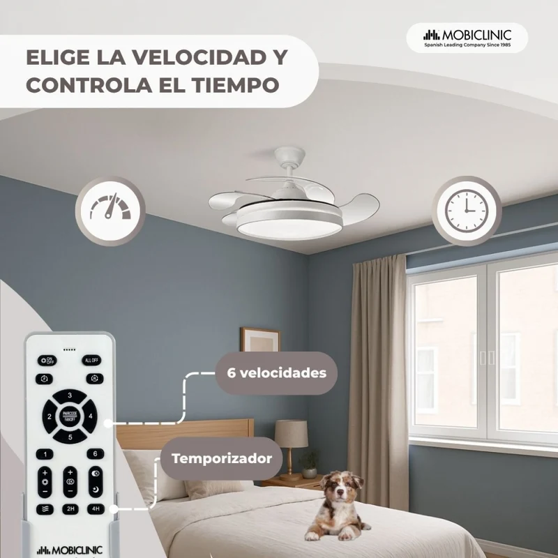 Deckenventilator | 4 Flügel | 6 Geschwindigkeiten | 3 Beleuchtungsmodi | LED-Licht | Fernbedienung | Oasis | Mobiclinic