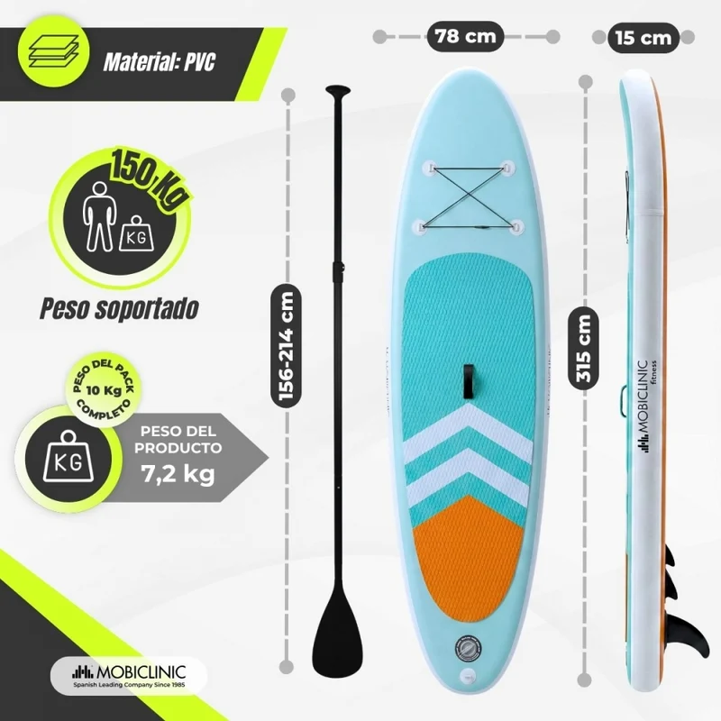 Aufblasbares Paddle-Surfbrett | 320 x 83 cm | Verstellbares Paddel | Pumpe | Sicherheitsgurt | Reiserucksack | Lilo | Mobiclinic