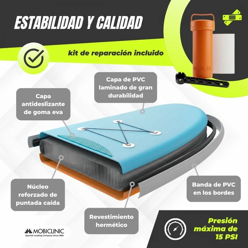 Aufblasbares Paddle-Surfbrett | 320 x 83 cm | Verstellbares Paddel | Pumpe | Sicherheitsgurt | Reiserucksack | Lilo | Mobiclinic