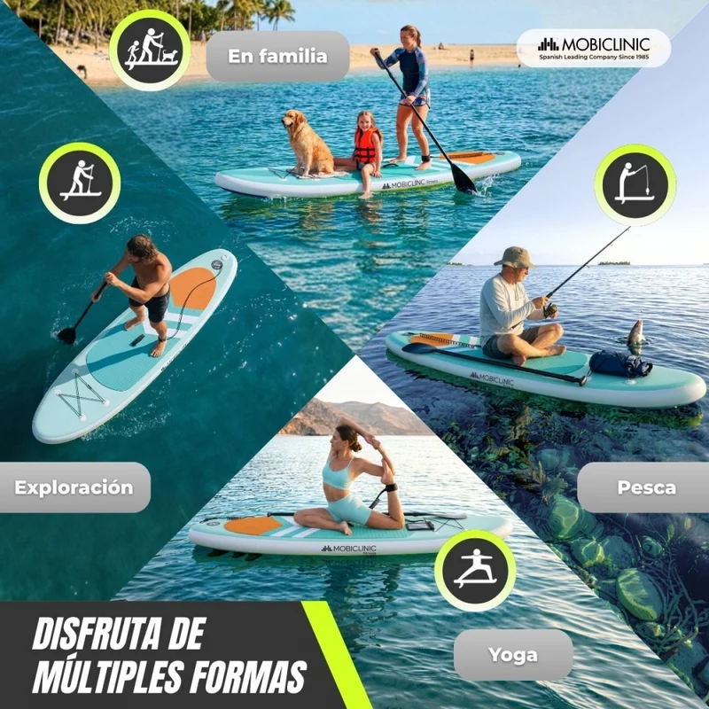 Aufblasbares Paddle-Surfbrett | 320 x 83 cm | Verstellbares Paddel | Pumpe | Sicherheitsgurt | Reiserucksack | Lilo | Mobiclinic