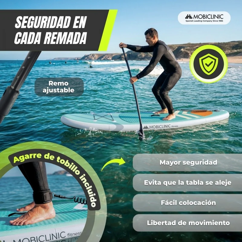 Aufblasbares Paddle-Surfbrett | 320 x 83 cm | Verstellbares Paddel | Pumpe | Sicherheitsgurt | Reiserucksack | Lilo | Mobiclinic