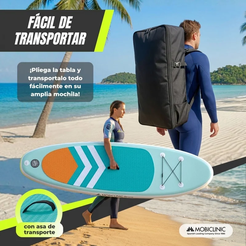 Aufblasbares Paddle-Surfbrett | 320 x 83 cm | Verstellbares Paddel | Pumpe | Sicherheitsgurt | Reiserucksack | Lilo | Mobiclinic