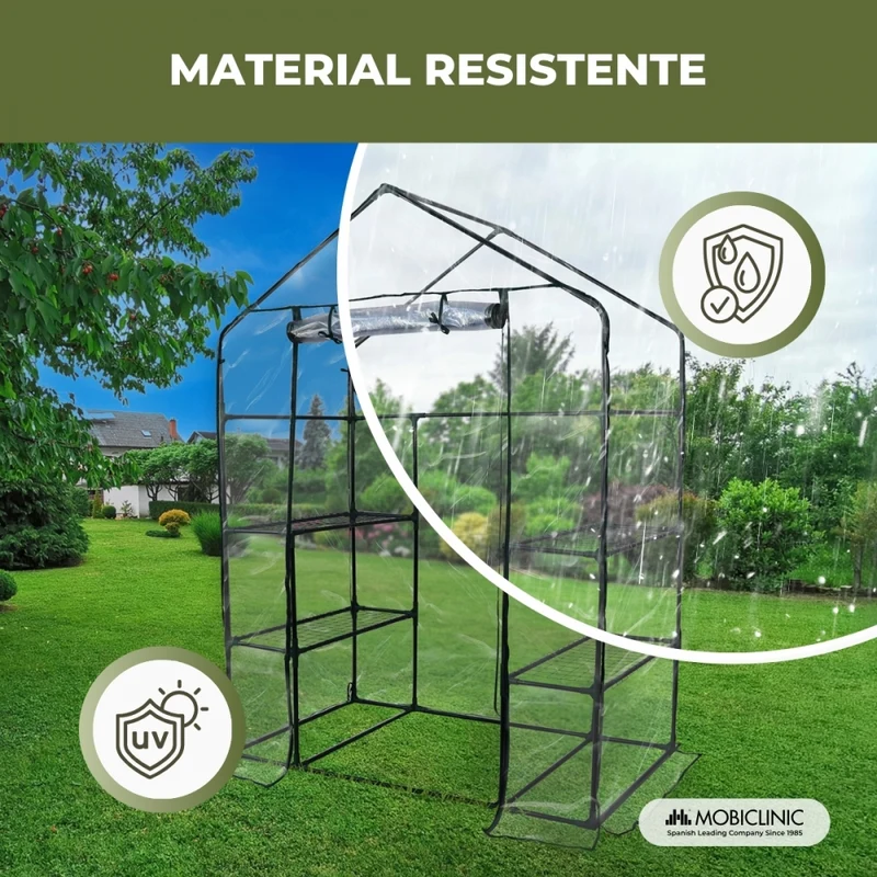 Gewächshaus mit Regalen | Rolltor | Sichere Befestigung | Wasserdicht | PVC | 143x73x195 cm | Home Grow | Mobiclinic