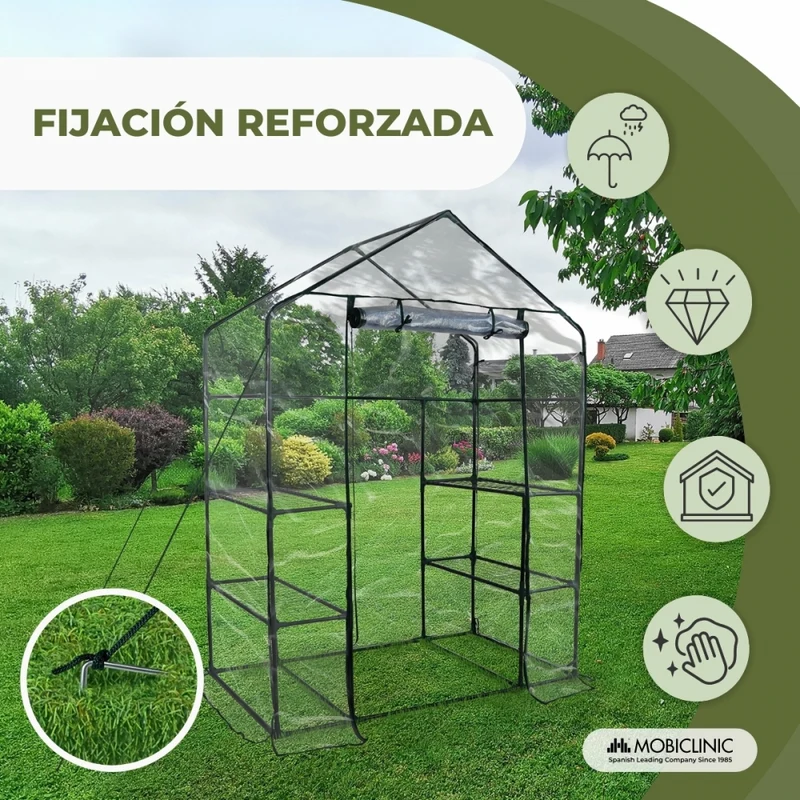 Gewächshaus mit Regalen | Rolltor | Sichere Befestigung | Wasserdicht | PVC | 143x73x195 cm | Home Grow | Mobiclinic