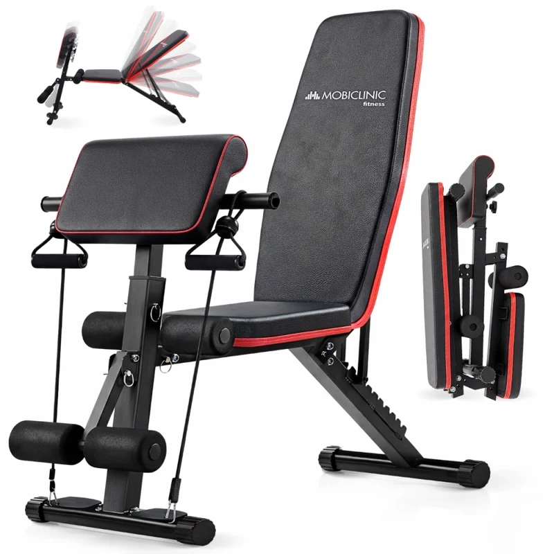 Hantelbank | Mit Widerstandsbändern | Zusammenklappbar | Verstellbar und neigbar | Max. 120 kg | Planefit | Mobiclinic