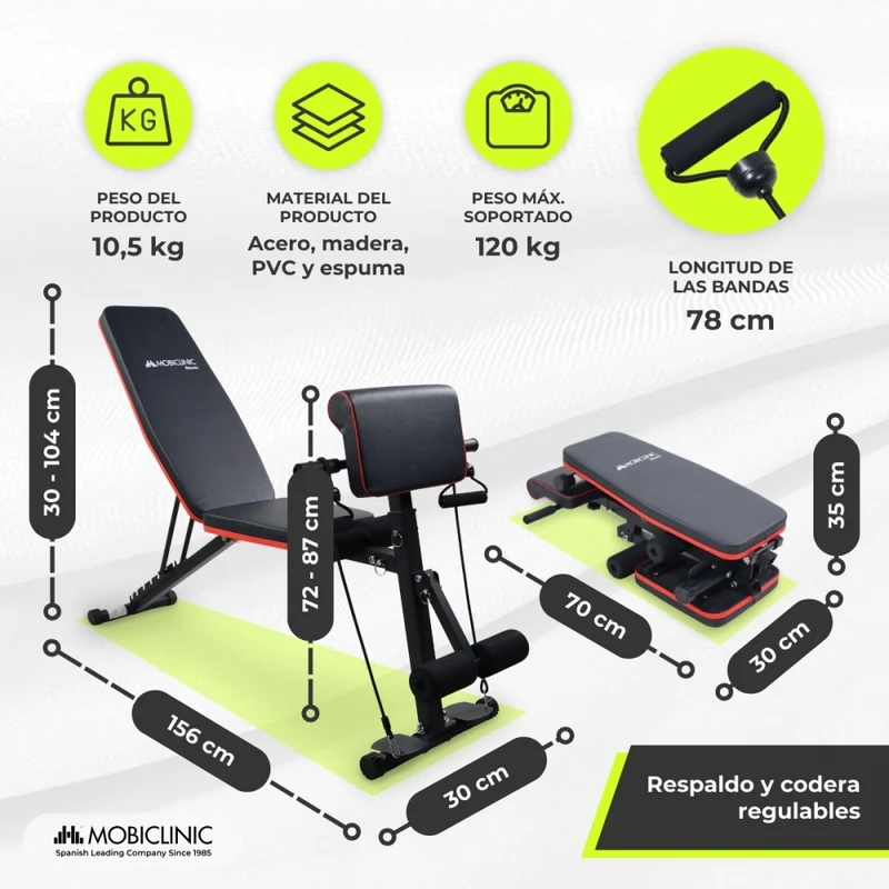 Hantelbank | Mit Widerstandsbändern | Zusammenklappbar | Verstellbar und neigbar | Max. 120 kg | Planefit | Mobiclinic