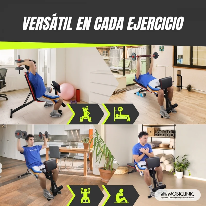 Hantelbank | Mit Widerstandsbändern | Zusammenklappbar | Verstellbar und neigbar | Max. 120 kg | Planefit | Mobiclinic