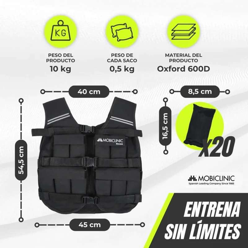 Gewichtsweste | 10 kg | Verstellbares Gewicht | Atmungsaktiv | Gepolstert | Anpassbar | Eisen10 | Schwarz | Mobiclinic