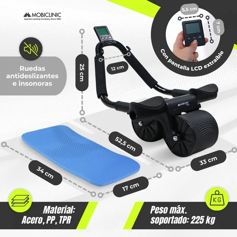 Bauchroller | Ellenbogenstütze | Timer | Matte | Training | Automatischer Rücklauf | Mod RA-02 | Schwarz | Mobiclinic
