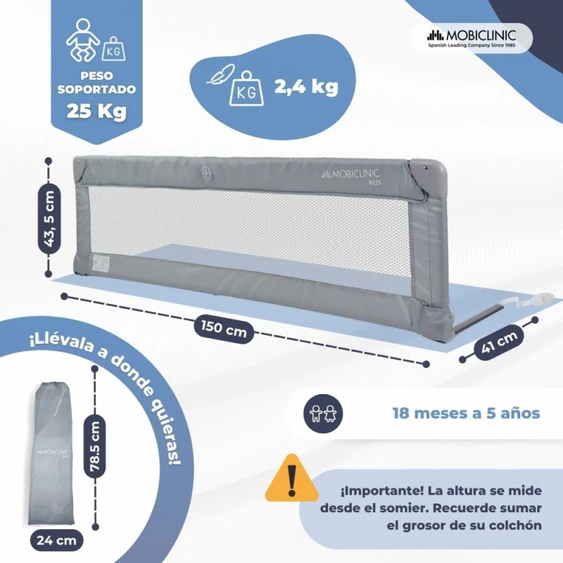 Bettgitter | Faltbar | Transportabel | Doppelte Befestigung | 150cm | Sicher | Max. Gewicht 25kg | Verträumt | Mobiclinic