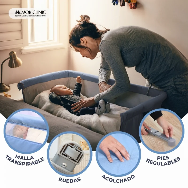 Beistellbett | Höhenverstellbar | Seitliche Öffnung | Bis zu 15 kg | Tragetasche | Einfache Montage | Moon | Mobiclinic