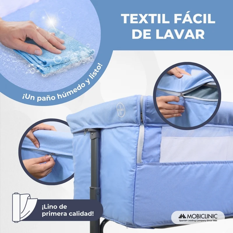 Beistellbett | Höhenverstellbar | Seitliche Öffnung | Bis zu 15 kg | Tragetasche | Einfache Montage | Moon | Mobiclinic