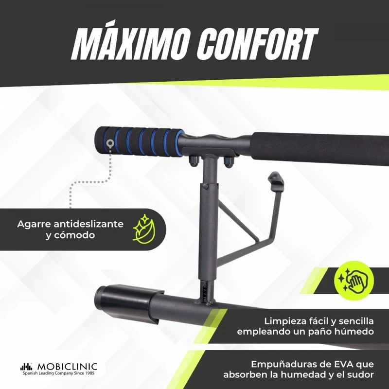 Klimmzugstange | Max. 200 kg | Verstellbar | Beschichtetes Eisen | Ohne Werkzeug | Schwarz und Blau | K5 | Mobiclinic