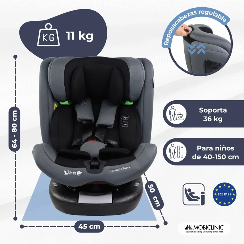 Kindersitz | 360º Drehung | Verstellbare Rückenlehne | 40-150 cm | 0-12 Jahre | Isofix | Top Tether | Pandafix | Mobiclinic