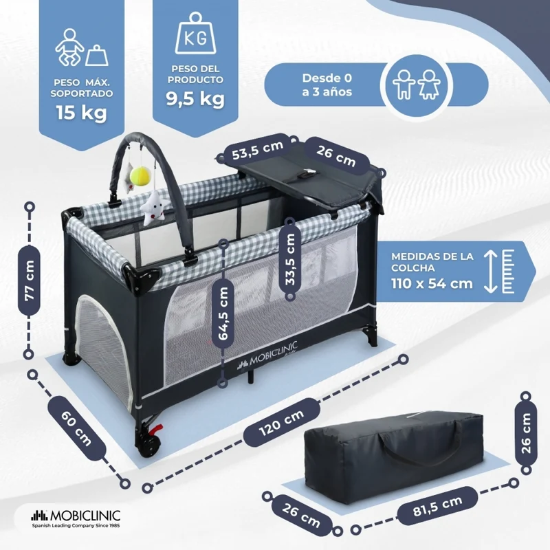 3-in-1-Reisebett | Wickeltisch | Laufstall | Tragbar | Faltbar | Tragetasche | Grau | Caelum | Mobiclinic