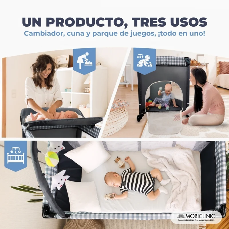 3-in-1-Reisebett | Wickeltisch | Laufstall | Tragbar | Faltbar | Tragetasche | Grau | Caelum | Mobiclinic