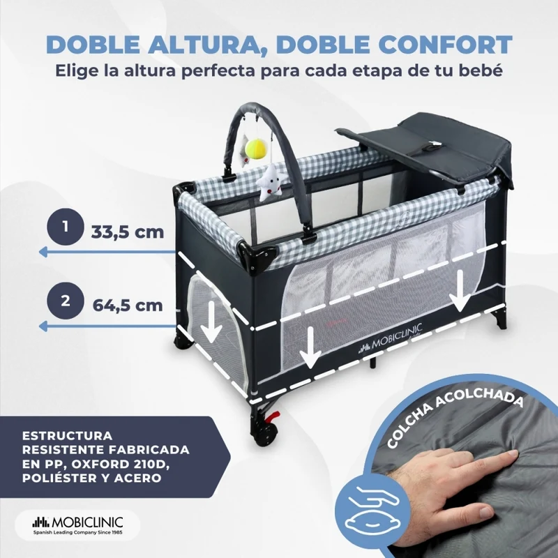 3-in-1-Reisebett | Wickeltisch | Laufstall | Tragbar | Faltbar | Tragetasche | Grau | Caelum | Mobiclinic
