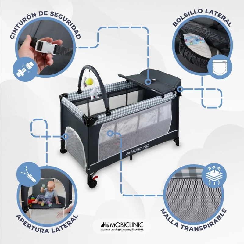 3-in-1-Reisebett | Wickeltisch | Laufstall | Tragbar | Faltbar | Tragetasche | Grau | Caelum | Mobiclinic