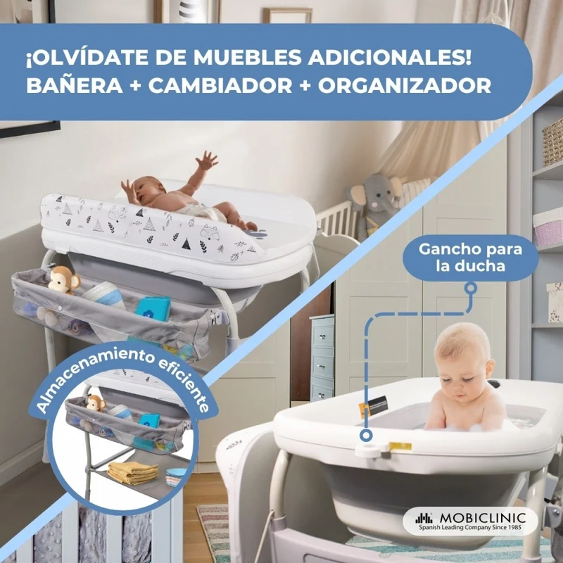Babywanne|3 in 1|Klappbar|Höhenverstellbar|Räder mit Bremse|Temperaturregelung|Trendy|Mobiclinic