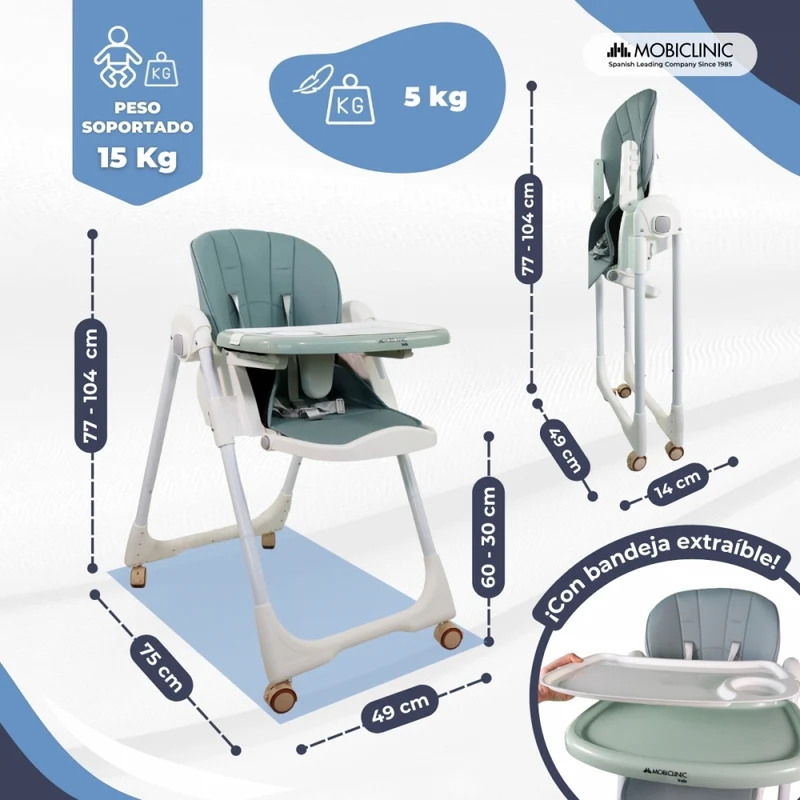 Hochstuhl mit Rädern | Evolutive | Höhenverstellbar | Zusammenklappbar | Sicherheitsgurt | Bis 15kg | Grün | Simba | Mobiclinic