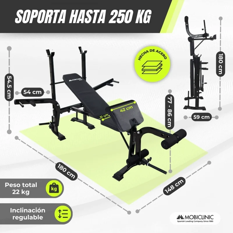 Multifunktions-Hantelbank | klappbar | verstellbar | Stangenauflage | 148x180x110,5cm | 250kg | Pressfit | Mobiclinic