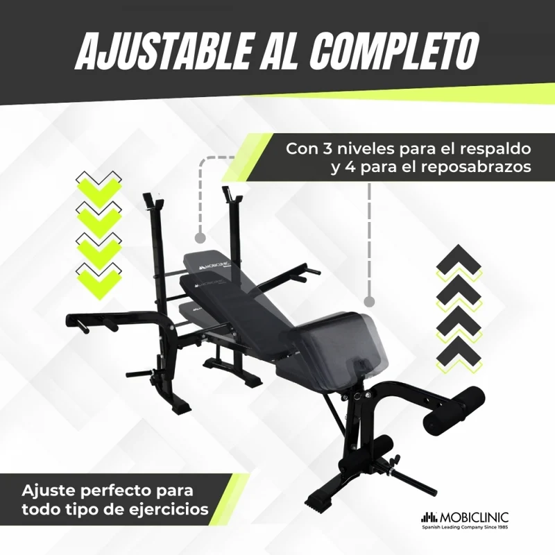 Multifunktions-Hantelbank | klappbar | verstellbar | Stangenauflage | 148x180x110,5cm | 250kg | Pressfit | Mobiclinic