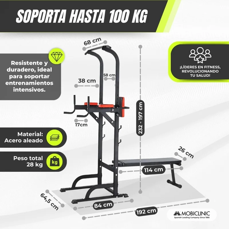 2-in-1-Krafttrainingsstation | Multifunktional | Max. 250 kg | Höhenverstellbar | Klappbar | Verstellbare Rückenlehne | DOMIFIT | Mobiclinic