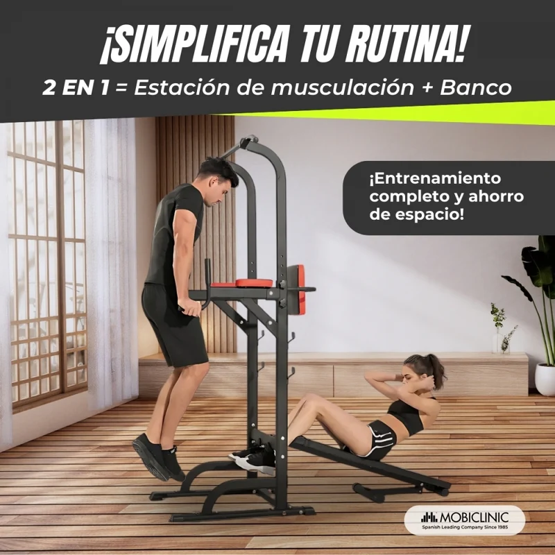 2-in-1-Krafttrainingsstation | Multifunktional | Max. 250 kg | Höhenverstellbar | Klappbar | Verstellbare Rückenlehne | DOMIFIT | Mobiclinic
