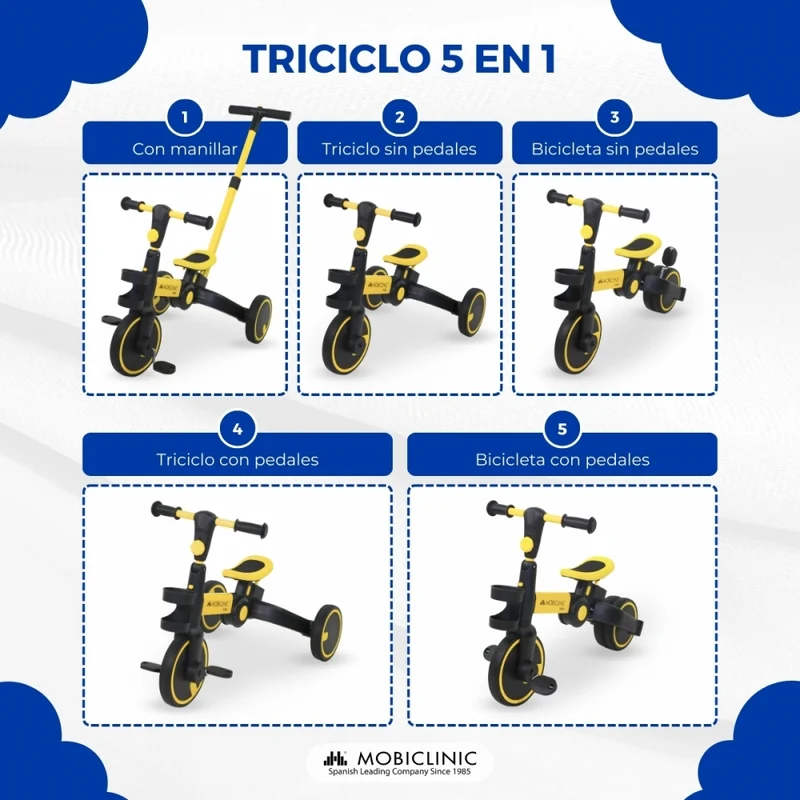 5 in 1 Dreirad | Evolutionär | Verstellbarer Sitzlenker | Max 25kg | Leicht | 1 Jahr und 5 Jahre | Gelb | Chase | Mobiclinic