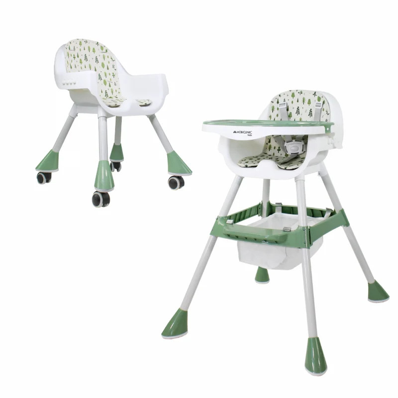 2 in 1 Hochstuhl |360º Räder |2 fach höhenverstellbar |Max 35kg |Tablett und Aufbewahrung| Evolutiv| Weißgrün |Forest|Mobiclinic