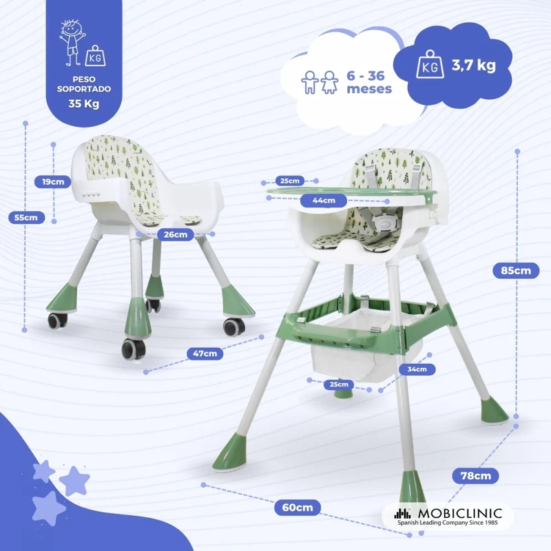 2 in 1 Hochstuhl |360º Räder |2 fach höhenverstellbar |Max 35kg |Tablett und Aufbewahrung| Evolutiv| Weißgrün |Forest|Mobiclinic