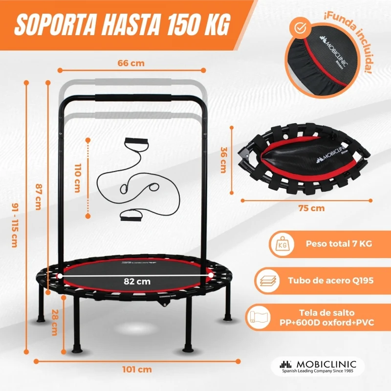 Rundes Fitness-Trampolin |Faltbar |Max. 150 kg |Verstellbare Armlehne |Abnehmbar | 101x101x118cm |Kangumobi |Mobiclinic